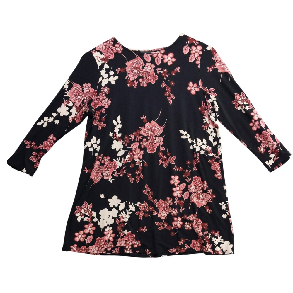 J‎ Jill Wearever Collection Black Floral Print Long Sleeve Top Tunic Petite Sz S